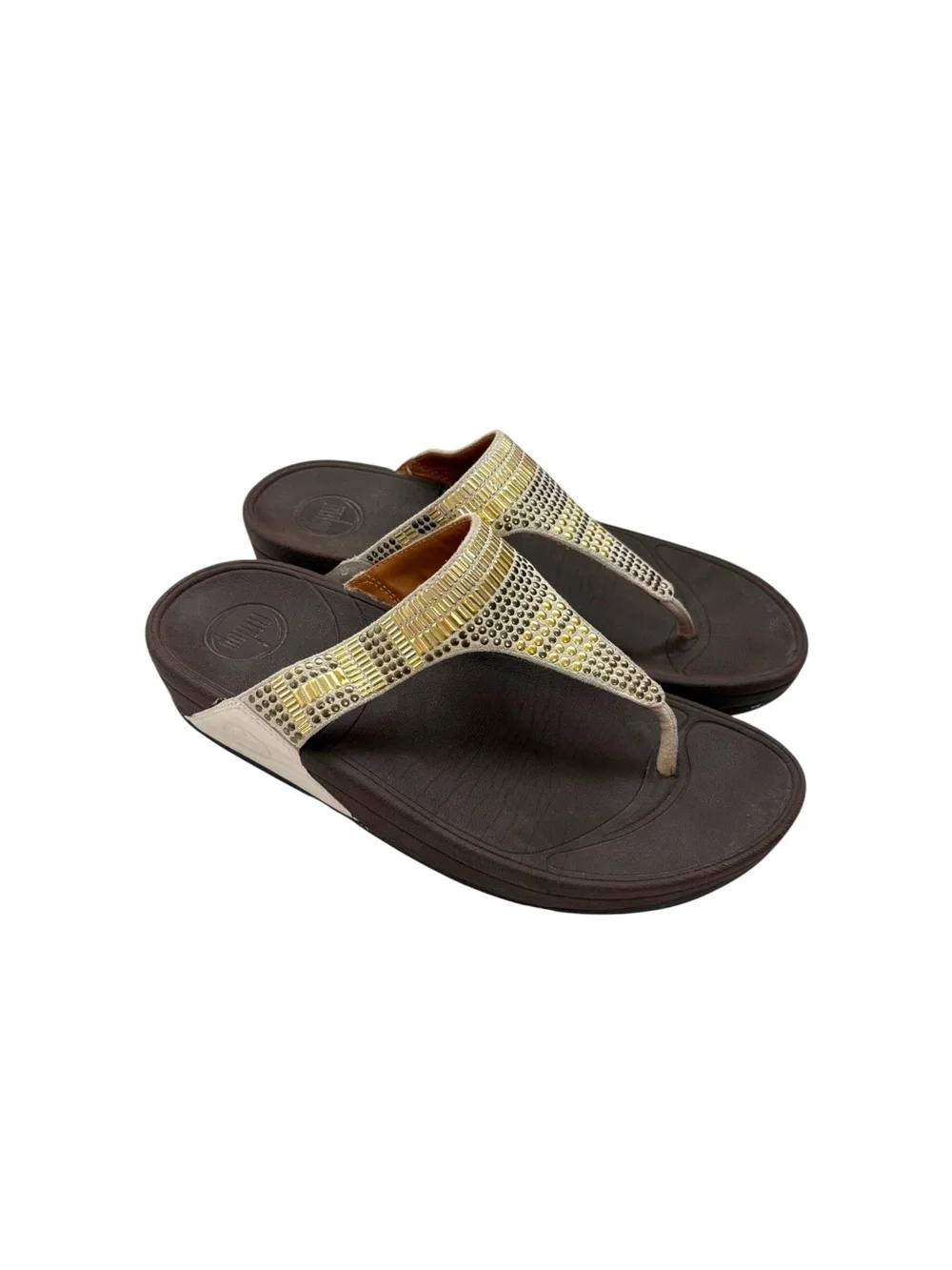 Fitflop Size 8 Beige Gold Aztec Chanda Platform Sandals Wedge Travel Resortwear